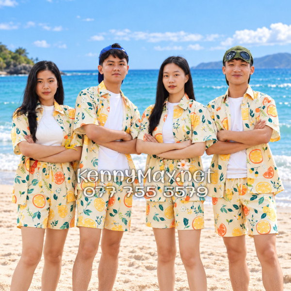 Set Áo Sơ Mi Quần Short Tropical Trái Cam Vàng Nhạt Đi Biển Nam Nữ