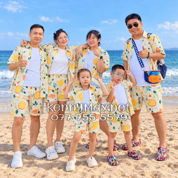 Set Áo Sơ Mi Quần Short Tropical Trái Cam Vàng Nhạt Đi Biển Nam Nữ