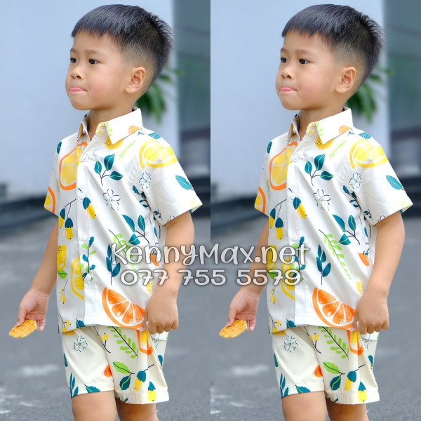 Set Áo Sơ Mi Quần Short Tropical Trái Cam Vàng Nhạt Đi Biển Nam Nữ