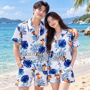 Set Áo Sơ Mi Quần Short Tropical Trái Đào Trắng Đậm Đi Biển Nam Nữ