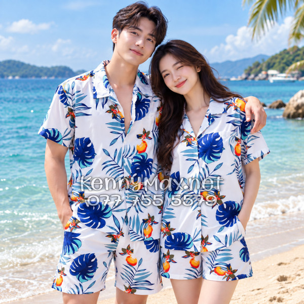Set Áo Sơ Mi Quần Short Tropical Trái Đào Trắng Đậm Đi Biển Nam Nữ