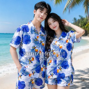 Set Áo Sơ Mi Quần Short Tropical Trái Đào Trắng Đi Biển Nam Nữ
