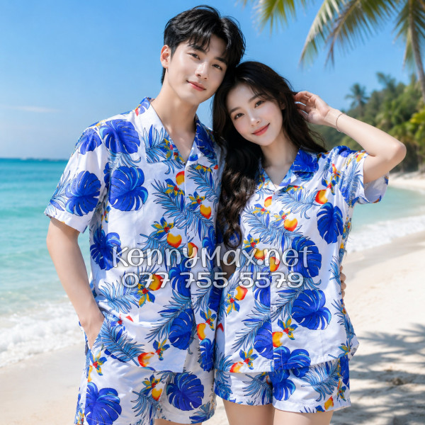 Set Áo Sơ Mi Quần Short Tropical Trái Đào Trắng Đi Biển Nam Nữ