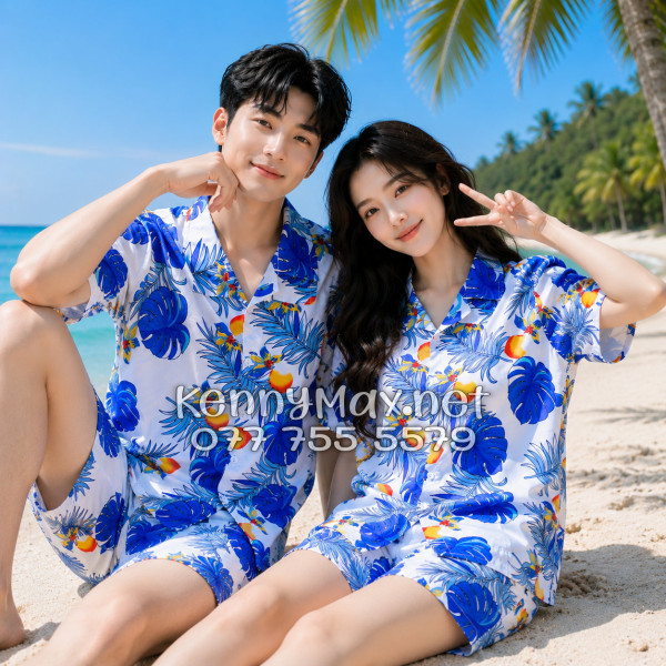 Set Áo Sơ Mi Quần Short Tropical Trái Đào Trắng Đi Biển Nam Nữ