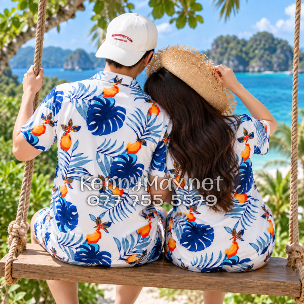 Set Áo Sơ Mi Quần Short Tropical Trái Đào Trắng Đậm Đi Biển Nam Nữ