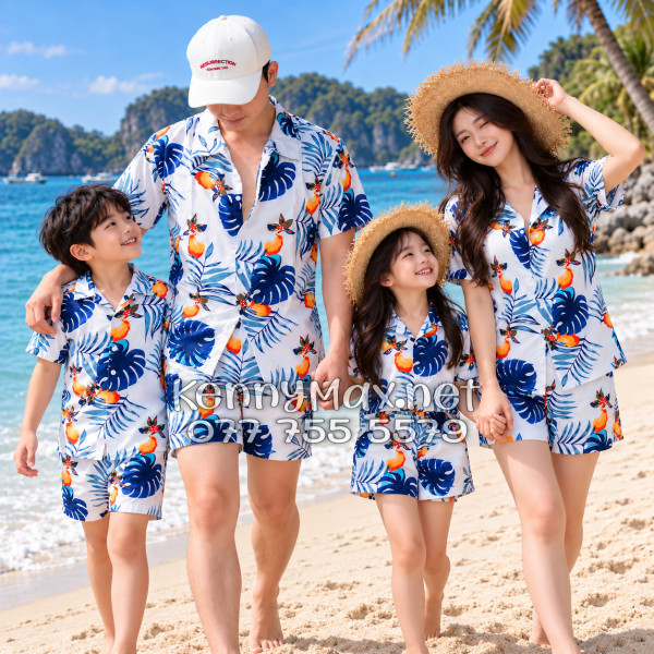 Set Áo Sơ Mi Quần Short Tropical Trái Đào Trắng Đậm Đi Biển Nam Nữ