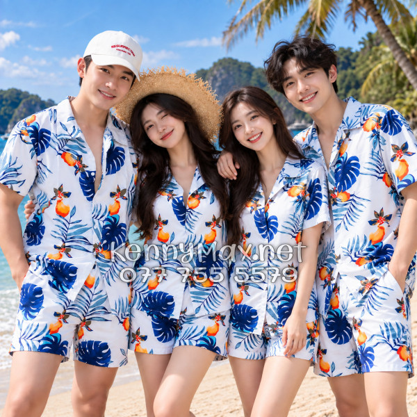 Set Áo Sơ Mi Quần Short Tropical Trái Đào Trắng Đậm Đi Biển Nam Nữ