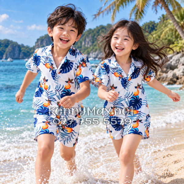 Set Áo Sơ Mi Quần Short Tropical Trái Đào Trắng Đậm Đi Biển Nam Nữ