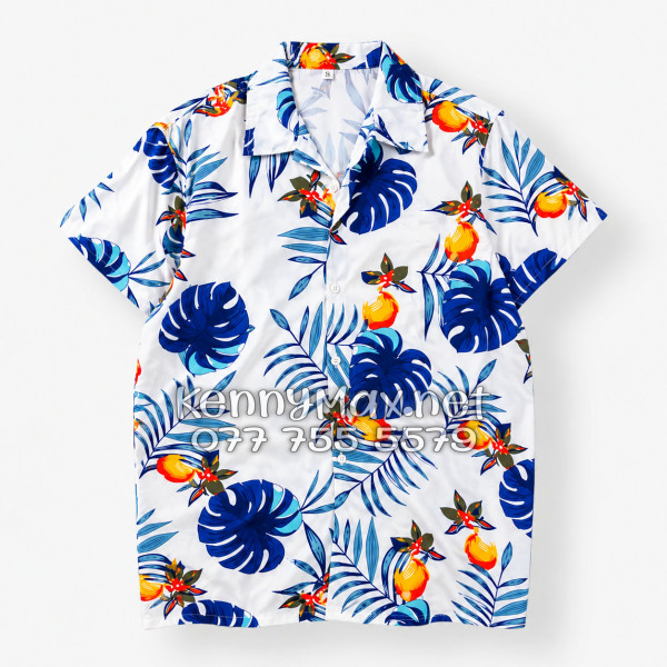 Set Áo Sơ Mi Quần Short Tropical Trái Đào Trắng Đậm Đi Biển Nam Nữ