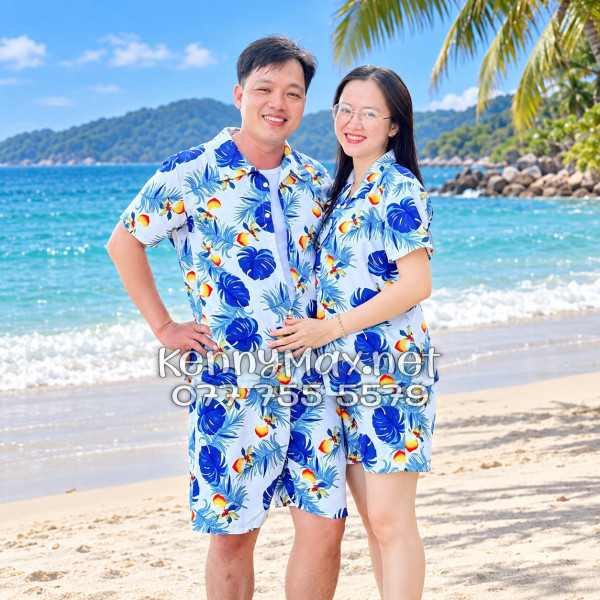 Set Áo Sơ Mi Quần Short Tropical Trái Đào Trắng Đi Biển Nam Nữ