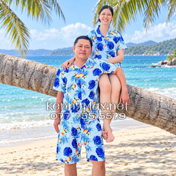 Set Áo Sơ Mi Quần Short Tropical Trái Đào Trắng Đi Biển Nam Nữ
