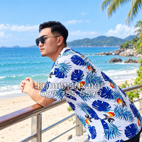 Set Áo Sơ Mi Quần Short Tropical Trái Đào Trắng Đi Biển Nam Nữ