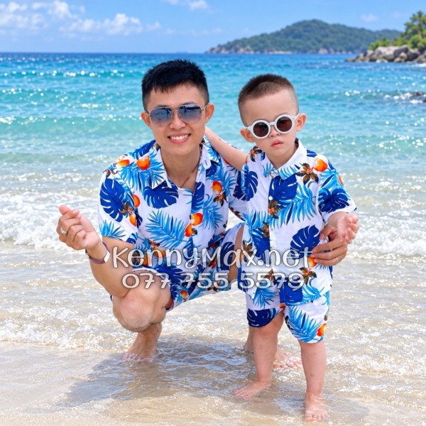 Set Áo Sơ Mi Quần Short Tropical Trái Đào Trắng Đi Biển Nam Nữ