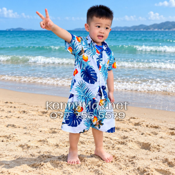 Set Áo Sơ Mi Quần Short Tropical Trái Đào Trắng Đi Biển Nam Nữ