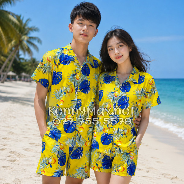Set Áo Sơ Mi Quần Short Tropical Trái Đào Vàng Đi Biển Nam Nữ