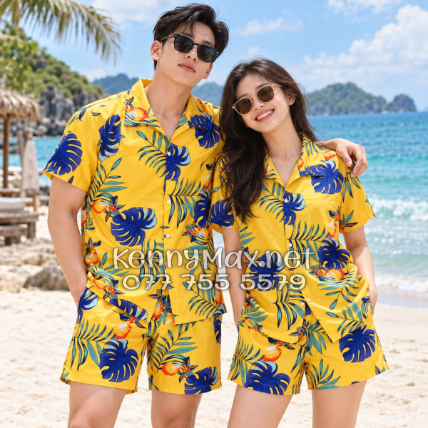Set Áo Sơ Mi Quần Short Tropical Trái Đào Vàng Đậm Đi Biển Nam Nữ