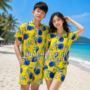 Set Áo Sơ Mi Quần Short Tropical Trái Đào Vàng Đi Biển Nam Nữ