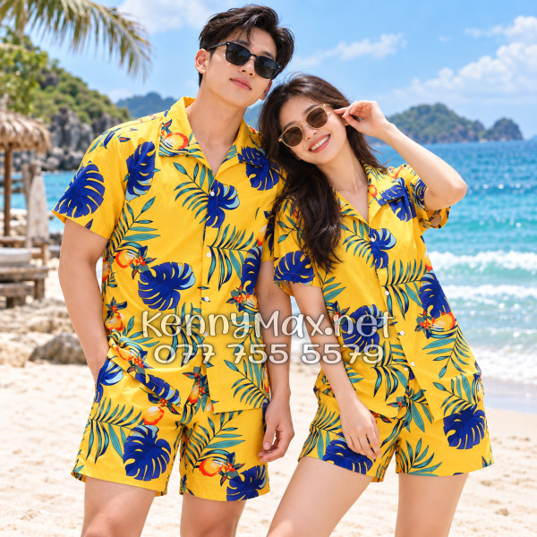 Set Áo Sơ Mi Quần Short Tropical Trái Đào Vàng Đậm Đi Biển Nam Nữ