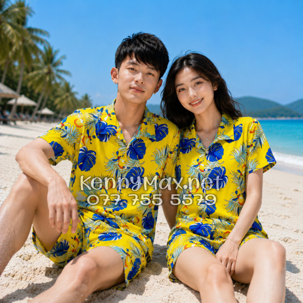 Set Áo Sơ Mi Quần Short Tropical Trái Đào Vàng Đi Biển Nam Nữ