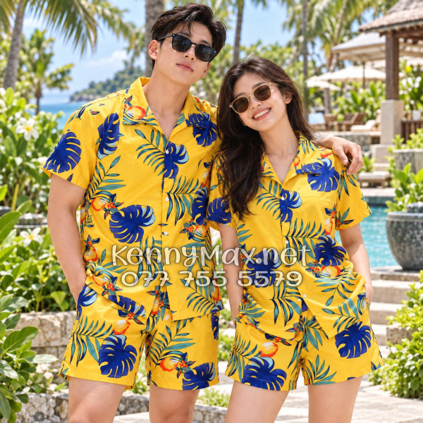 Set Áo Sơ Mi Quần Short Tropical Trái Đào Vàng Đậm Đi Biển Nam Nữ