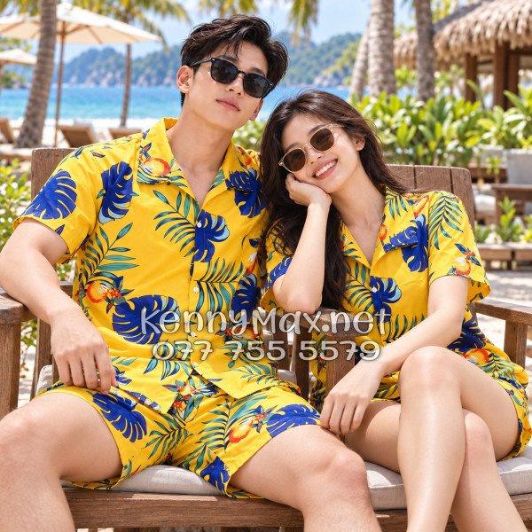 Set Áo Sơ Mi Quần Short Tropical Trái Đào Vàng Đậm Đi Biển Nam Nữ
