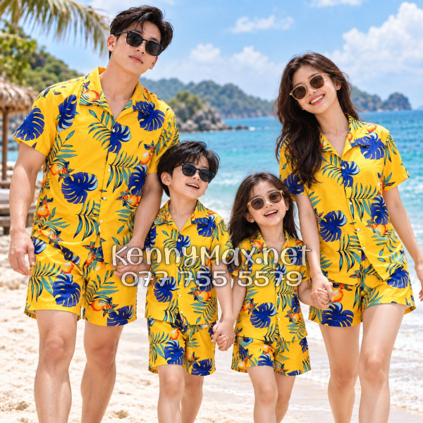 Set Áo Sơ Mi Quần Short Tropical Trái Đào Vàng Đậm Đi Biển Nam Nữ