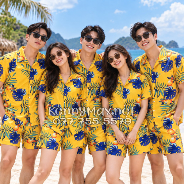 Set Áo Sơ Mi Quần Short Tropical Trái Đào Vàng Đậm Đi Biển Nam Nữ