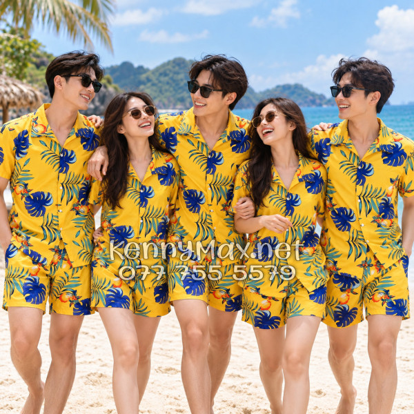 Set Áo Sơ Mi Quần Short Tropical Trái Đào Vàng Đậm Đi Biển Nam Nữ