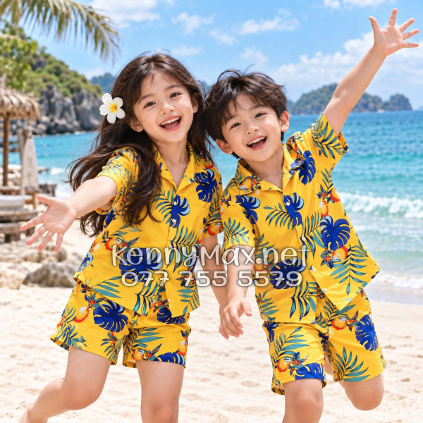 Set Áo Sơ Mi Quần Short Tropical Trái Đào Vàng Đậm Đi Biển Nam Nữ