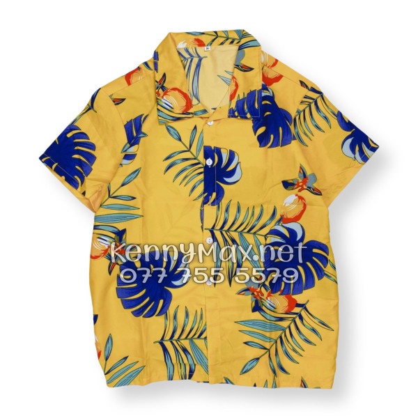 Set Áo Sơ Mi Quần Short Tropical Trái Đào Vàng Đậm Đi Biển Nam Nữ
