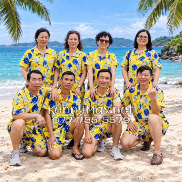Set Áo Sơ Mi Quần Short Tropical Trái Đào Vàng Đi Biển Nam Nữ