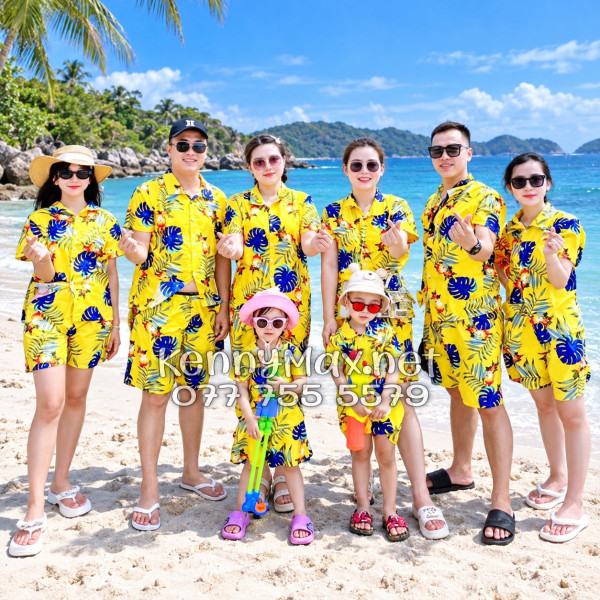 Set Áo Sơ Mi Quần Short Tropical Trái Đào Vàng Đi Biển Nam Nữ