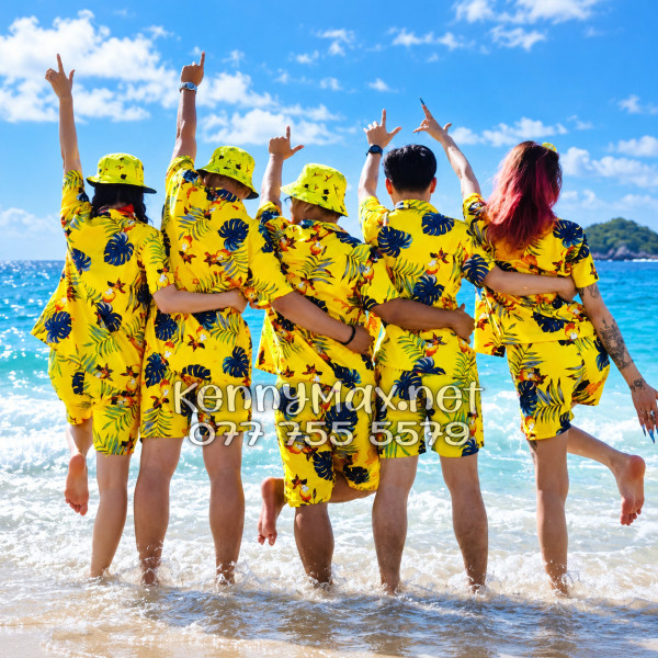 Set Áo Sơ Mi Quần Short Tropical Trái Đào Vàng Đi Biển Nam Nữ