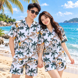 Set Áo Sơ Mi Quần Short Tropical Thơm Dứa Cây Dừa Hoa Sứ Trắng Đi Biển Nam Nữ