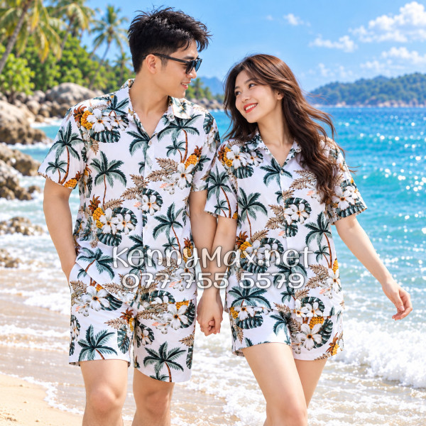 Set Áo Sơ Mi Quần Short Tropical Thơm Dứa Cây Dừa Hoa Sứ Trắng Đi Biển Nam Nữ