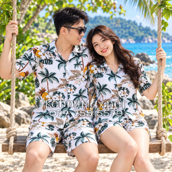 Set Áo Sơ Mi Quần Short Tropical Thơm Dứa Cây Dừa Hoa Sứ Trắng Đi Biển Nam Nữ