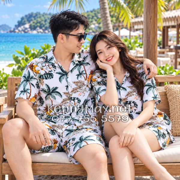 Set Áo Sơ Mi Quần Short Tropical Thơm Dứa Cây Dừa Hoa Sứ Trắng Đi Biển Nam Nữ