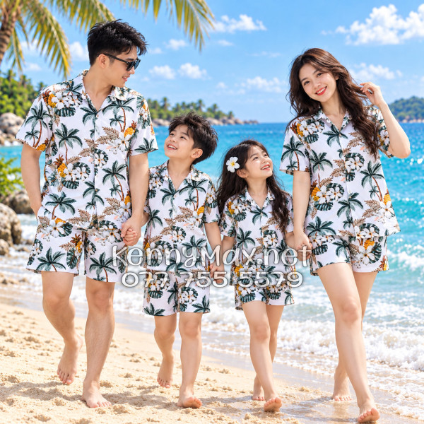 Set Áo Sơ Mi Quần Short Tropical Thơm Dứa Cây Dừa Hoa Sứ Trắng Đi Biển Nam Nữ