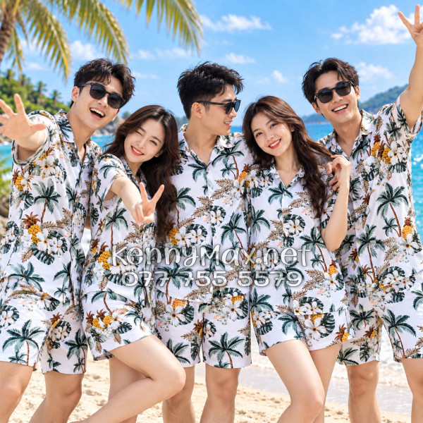 Set Áo Sơ Mi Quần Short Tropical Thơm Dứa Cây Dừa Hoa Sứ Trắng Đi Biển Nam Nữ