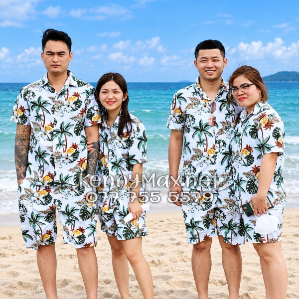 Set Áo Sơ Mi Quần Short Tropical Thơm Dứa Cây Dừa Hoa Sứ Trắng Đi Biển Nam Nữ