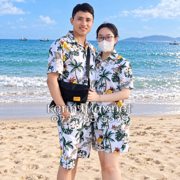 Set Áo Sơ Mi Quần Short Tropical Thơm Dứa Cây Dừa Hoa Sứ Trắng Đi Biển Nam Nữ