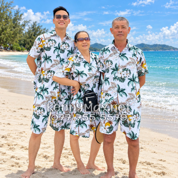 Set Áo Sơ Mi Quần Short Tropical Thơm Dứa Cây Dừa Hoa Sứ Trắng Đi Biển Nam Nữ