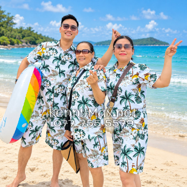 Set Áo Sơ Mi Quần Short Tropical Thơm Dứa Cây Dừa Hoa Sứ Trắng Đi Biển Nam Nữ