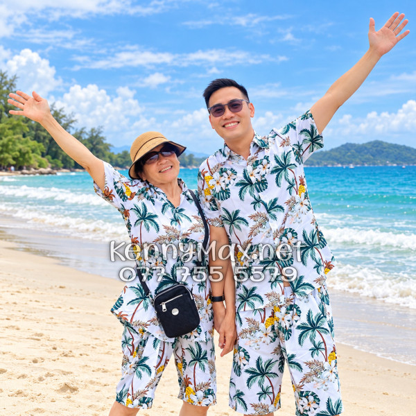 Set Áo Sơ Mi Quần Short Tropical Thơm Dứa Cây Dừa Hoa Sứ Trắng Đi Biển Nam Nữ