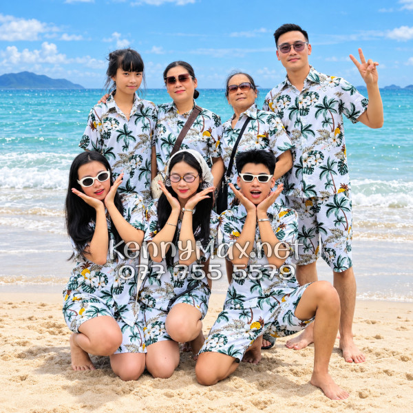 Set Áo Sơ Mi Quần Short Tropical Thơm Dứa Cây Dừa Hoa Sứ Trắng Đi Biển Nam Nữ