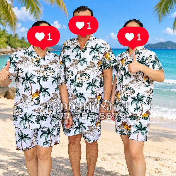 Set Áo Sơ Mi Quần Short Tropical Thơm Dứa Cây Dừa Hoa Sứ Trắng Đi Biển Nam Nữ