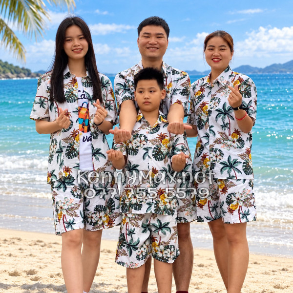 Set Áo Sơ Mi Quần Short Tropical Thơm Dứa Cây Dừa Hoa Sứ Trắng Đi Biển Nam Nữ