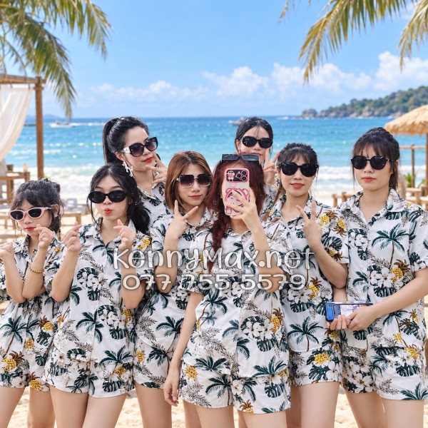 Set Áo Sơ Mi Quần Short Tropical Thơm Dứa Cây Dừa Hoa Sứ Trắng Đi Biển Nam Nữ