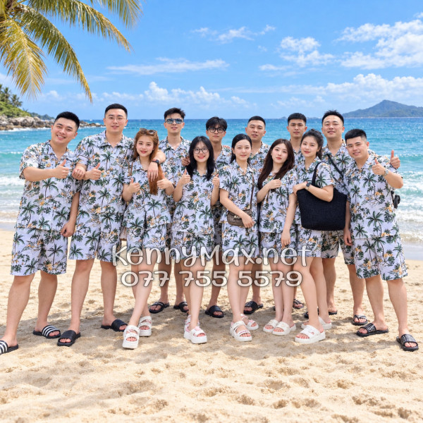 Set Áo Sơ Mi Quần Short Tropical Thơm Dứa Cây Dừa Hoa Sứ Trắng Đi Biển Nam Nữ