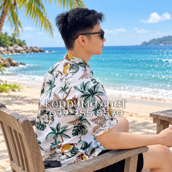 Set Áo Sơ Mi Quần Short Tropical Thơm Dứa Cây Dừa Hoa Sứ Trắng Đi Biển Nam Nữ